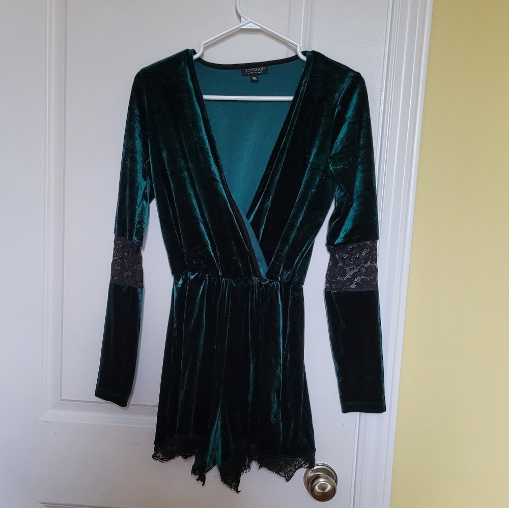 Topshop bodysuit velvety green black lace size 6 velour winter romper sexy